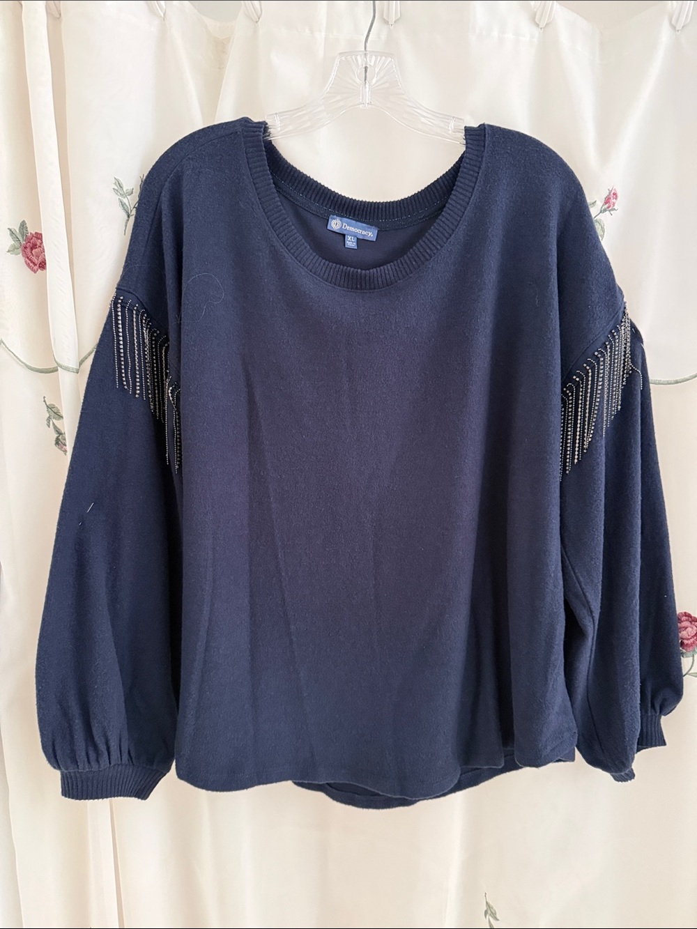 Democracy Navy Lightweight Sweater with Beaded Fringe Shoulders